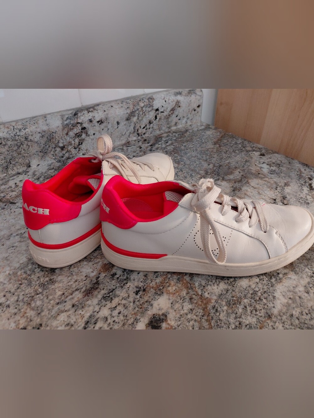 Coach Lowline White Leather Sneakers with Pink Heel Accents
